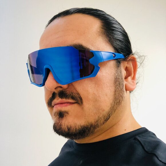 Men Sunglasses Blue Mirror Single One Piece‎ Lens Oversize Wrap Around UV400 New - Picture 1 of 3